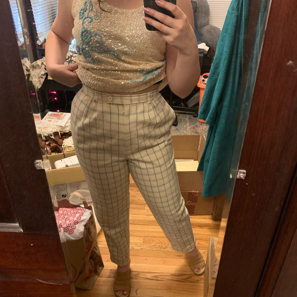 1960s 1970s vintage cream and grey plaid wool trousers